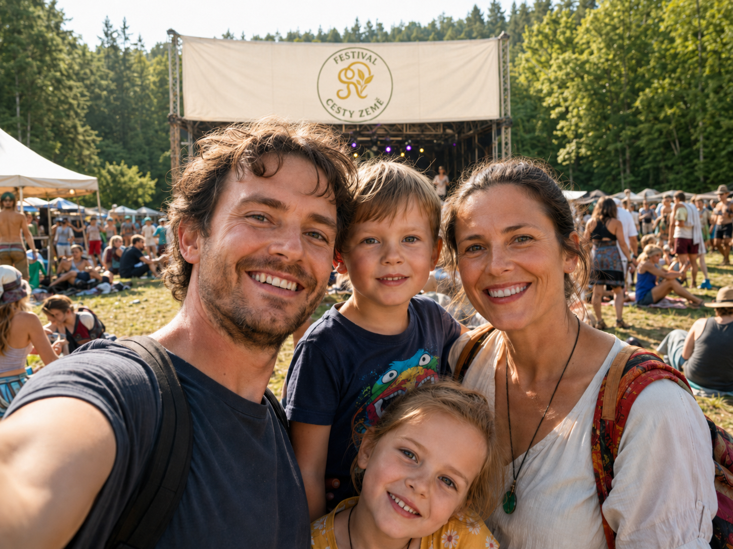 Rodina na Festivalu Cesty Země před pódiem